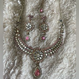 Pink and Silver tikka set with necklace | Indian Jewelry